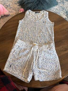 Ralph Lauren Blue Floral 100% Linen Tank Top cotton Shorts 2 pc Set, Size XS